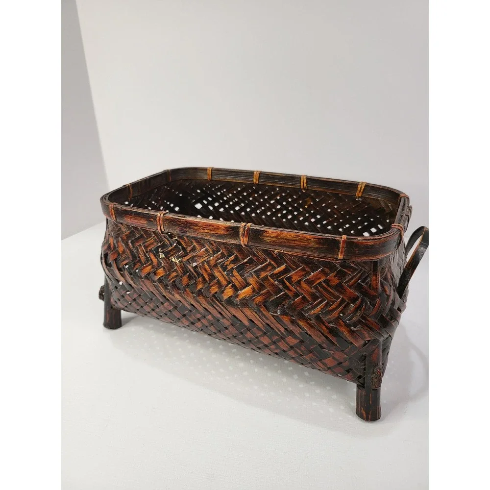 Vintage Woven Bamboo Footed Basket Dark Brown Rectangular Decorative Storage 9x5